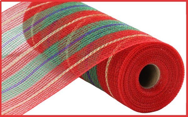 10" Faux Jute Stripe Mesh – Nutcracker Red, Emerald, Blue, Gold | RY8334X7 - White Bayou Wreaths & Supply