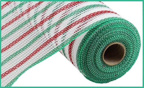10" Faux Jute Stripe Mesh – White, Emerald & Red | RY8338R3 - White Bayou Wreaths & Supply