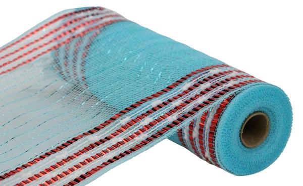 10" Foil/Snowball Border Mesh – Ice Blue, Red & White Stripes (10 Yards) | RY8213N7 - White Bayou Wreaths & Supply