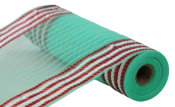 10" Matte/Faux Jute Border Mesh – Mint with Red & White Stripes (10 Yards) | RY8037FT - White Bayou Wreaths & Supply