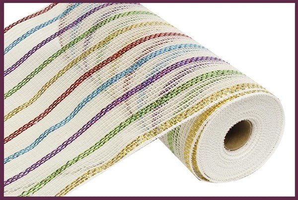10" Metallic Poly/Cotton Mesh – White with Multicolor Stripes (10 Yards) | RY801284 - White Bayou Wreaths & Supply