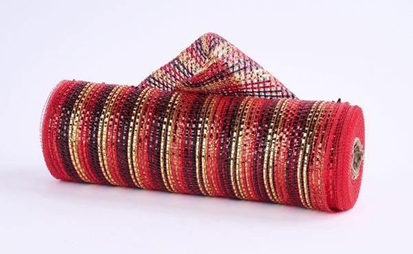 10" Wide Foil Mesh – Red, Gold & Black Stripes (10 Yards) | RY8017JC - White Bayou Wreaths & Supply