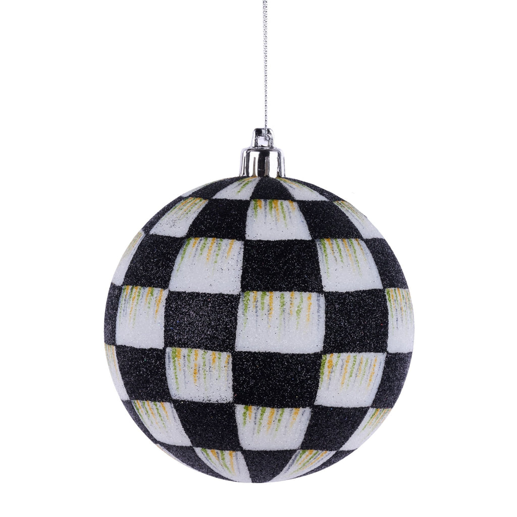 100mm Check Glitter Ornament: Black, White | XJ7297TX - White Bayou Wreaths & Supply