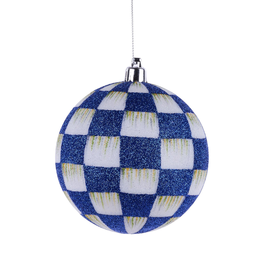 100mm Check Glitter Ornament: Royal Blue, White | XJ7297RN - White Bayou Wreaths & Supply