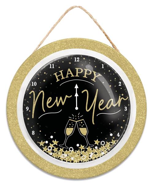 10.5" Dia Happy New Year Clock Sign: Black, Gold - AP07865 - White Bayou Wreaths & Supply
