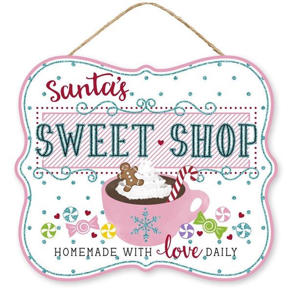 10.5"L x 9"H Santa's Sweet Shop Glitter Sign - AP8855 - White Bayou Wreaths & Supply