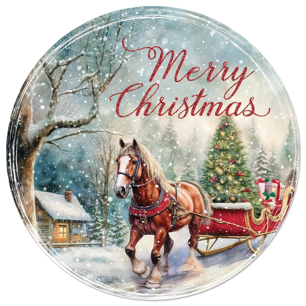 12" Dia Merry Christmas/Horse/Sleigh Sign | MD167524 - White Bayou Wreaths & Supply