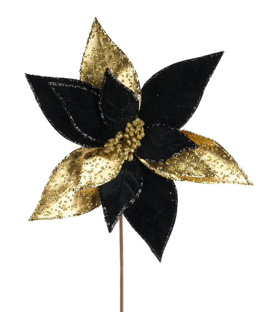 12" Dia Velvet/Met Poinsettia, 22"Oal: Black, Gold | XS415898 - White Bayou Wreaths & Supply