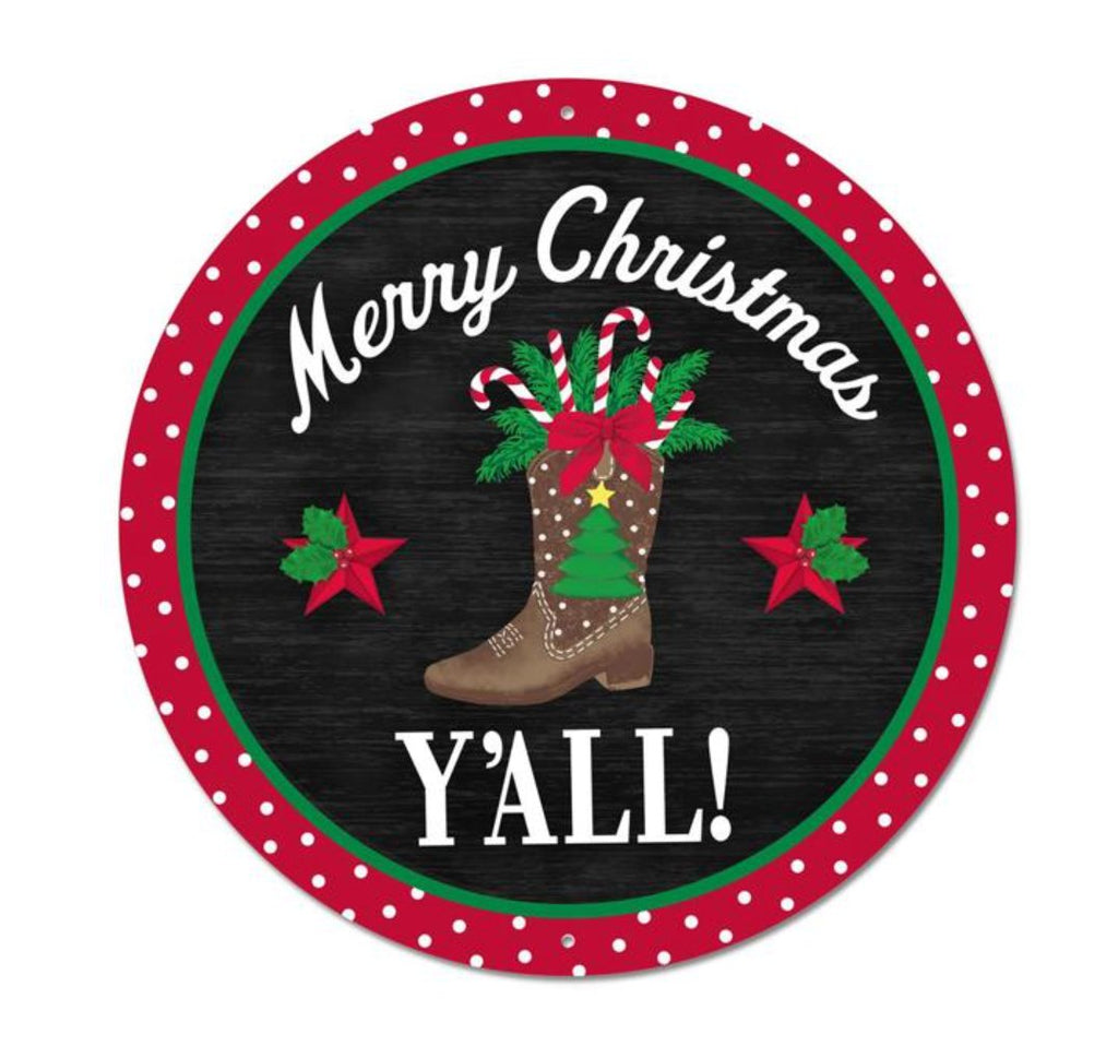 12" Diameter Metal Merry Christmas Y'all Sign - MD1076 - White Bayou Wreaths & Supply