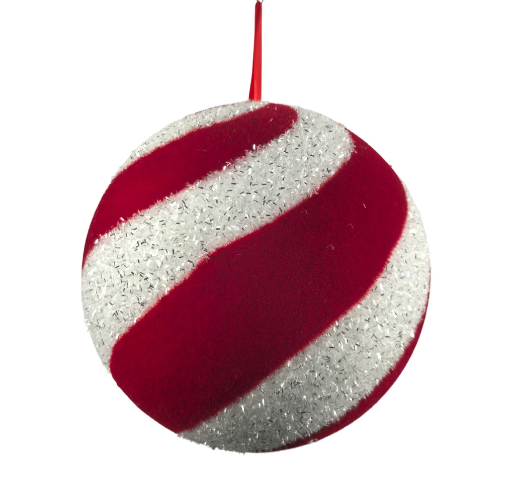 12" Red & White Tinsel Flocked Striped Ornament | 21232 - White Bayou Wreaths & Supply