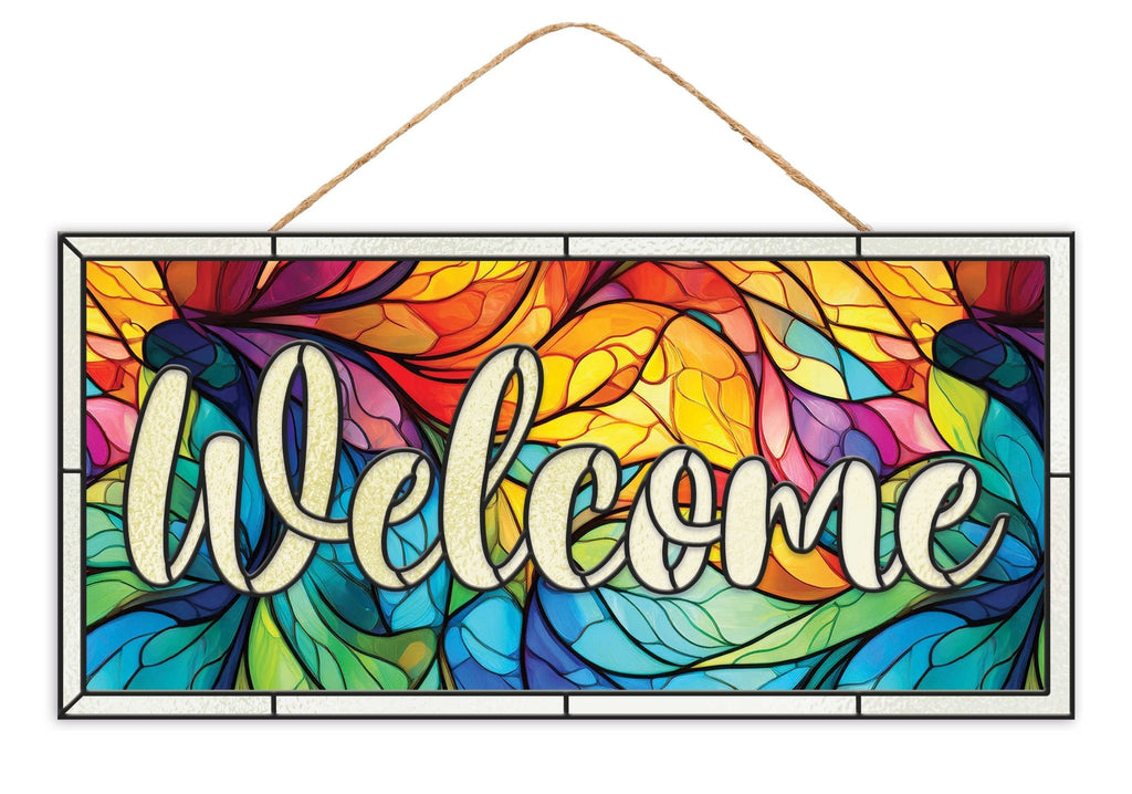 12.5"L x 6" Stained Glass Welcome Sign - AP741217 - White Bayou Wreaths & Supply