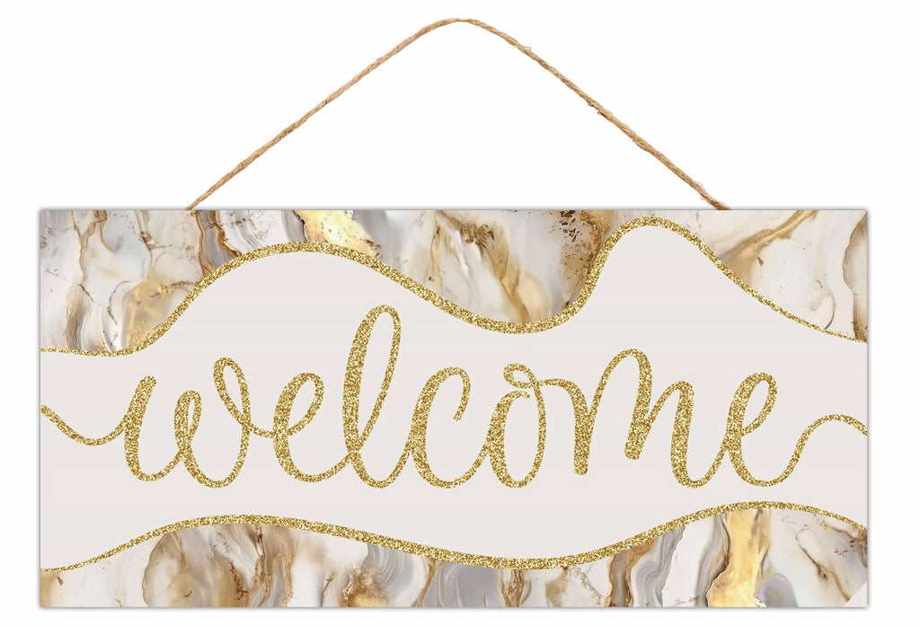 12.5"L x 6"H Glitter Welcome Marble Sign | AP788508 - White Bayou Wreaths & Supply