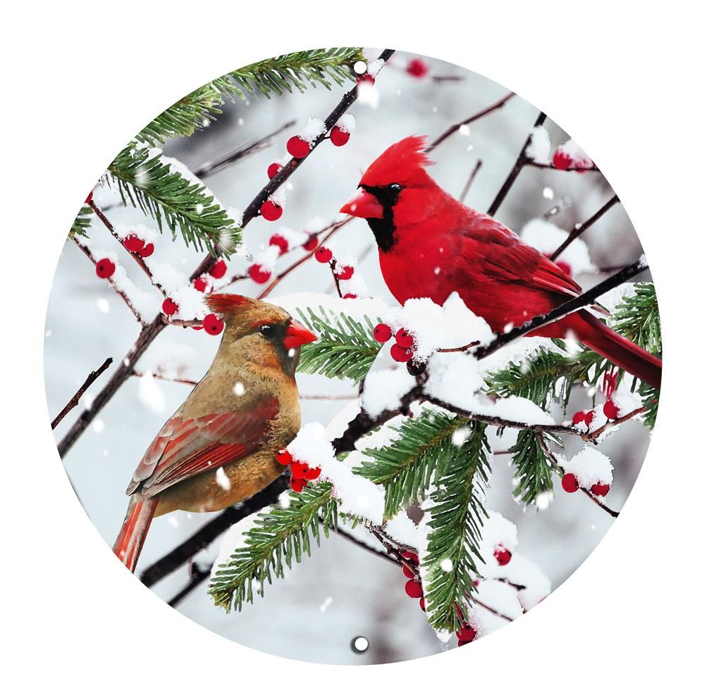 12"Dia Metal Cardinals On Snowy Branch - AP0343 - White Bayou Wreaths & Supply