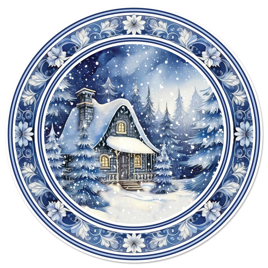 12"Dia Metal Winter Cabin Scene Sign MD1678 - White Bayou Wreaths & Supply