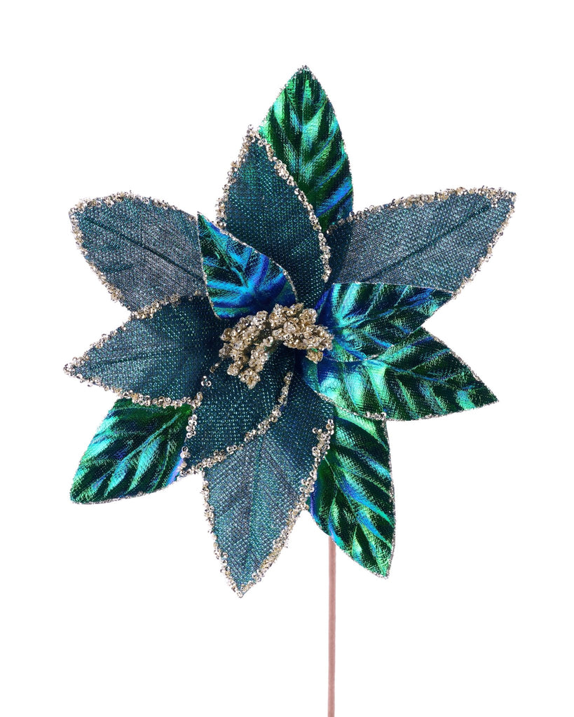 12"Dia x 22"L Metallic Poinsettia Stem Peacock - XS410467 - White Bayou Wreaths & Supply
