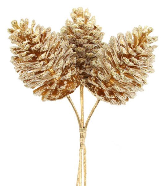 12"L Pinecone Pick x 3: Gold - XD132708 - White Bayou Wreaths & Supply