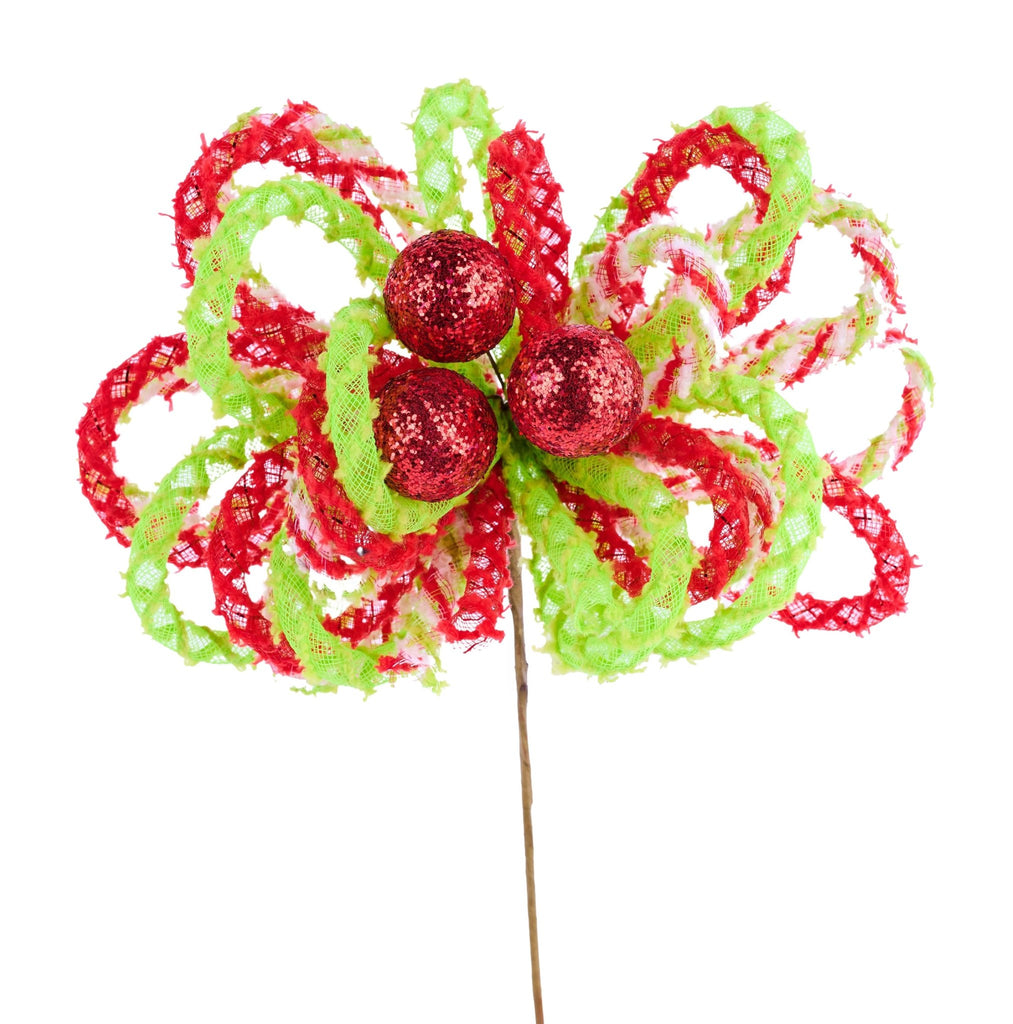 12"L Snowdrift Glitter Ball Pick: Green, Red, White - XP3878FK - White Bayou Wreaths & Supply