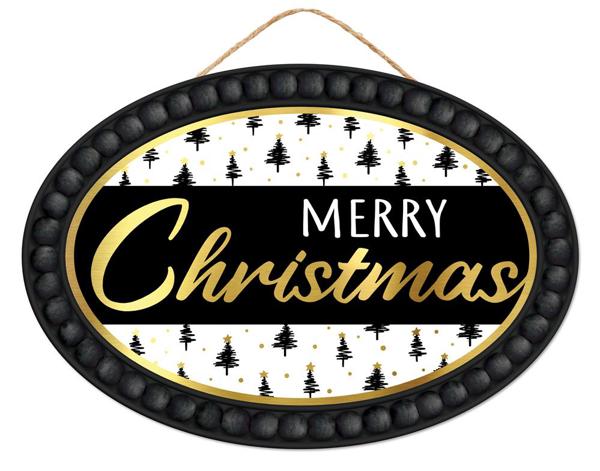 13" Merry Christmas Oval Sign – Black & Gold – AP8606 - White Bayou Wreaths & Supply