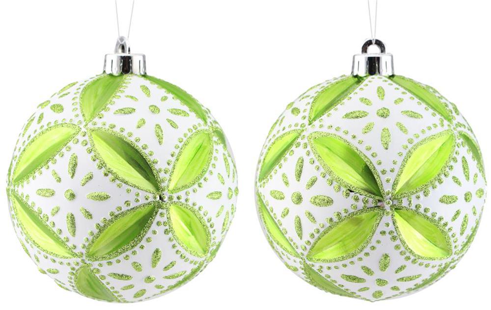 130mm Large Floral Daisy Christmas Ball Ornaments – Lime Green, White - Set of 2 - XY8366C9 - White Bayou Wreaths & Supply