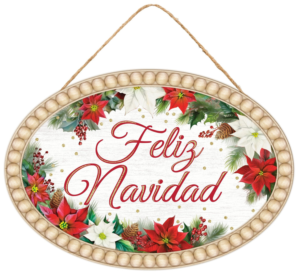 13"L x 9"H Feliz Navidad/Poinsettia Sign - AP7884A8 - White Bayou Wreaths & Supply