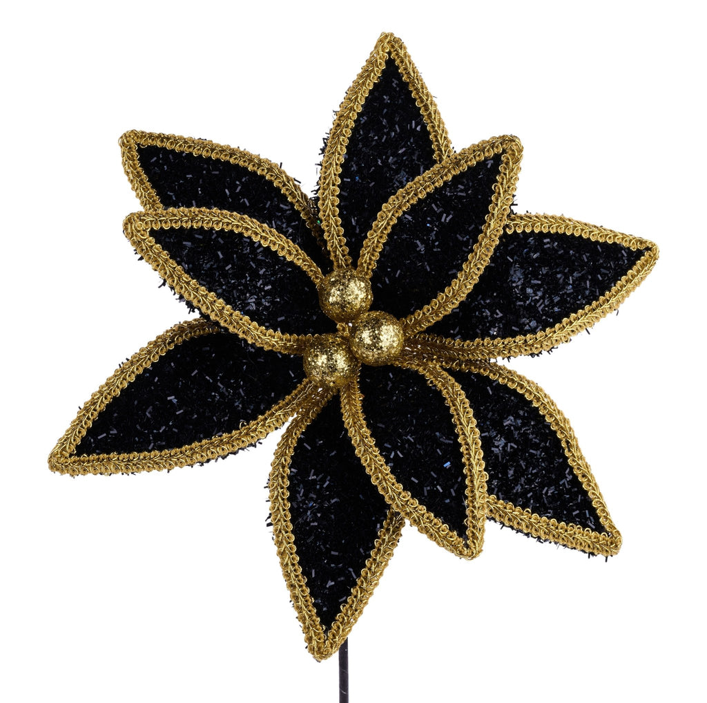 14"L V Glitter/Lace Edge Poinsettia Pick: Black, Gold | XS418202 - White Bayou Wreaths & Supply