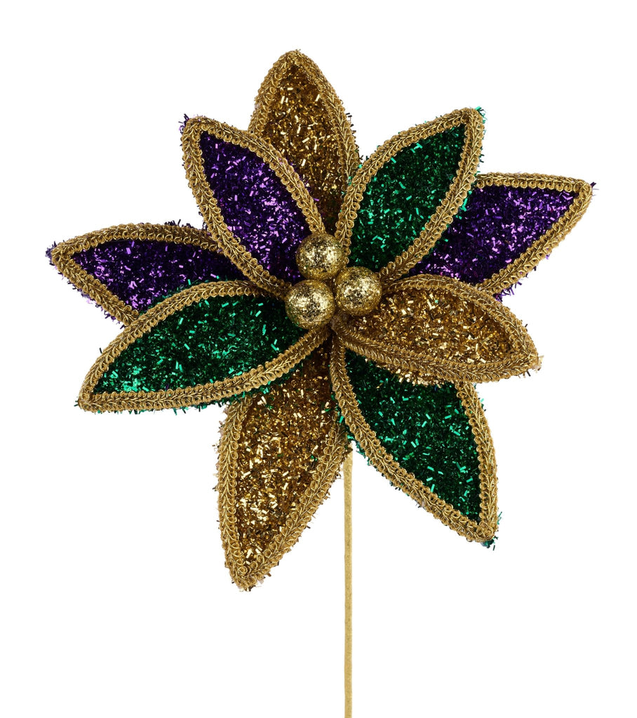 14"L V Glitter/Lace Edge Poinsettia Pick Mardi Gras - HG3360 - White Bayou Wreaths & Supply