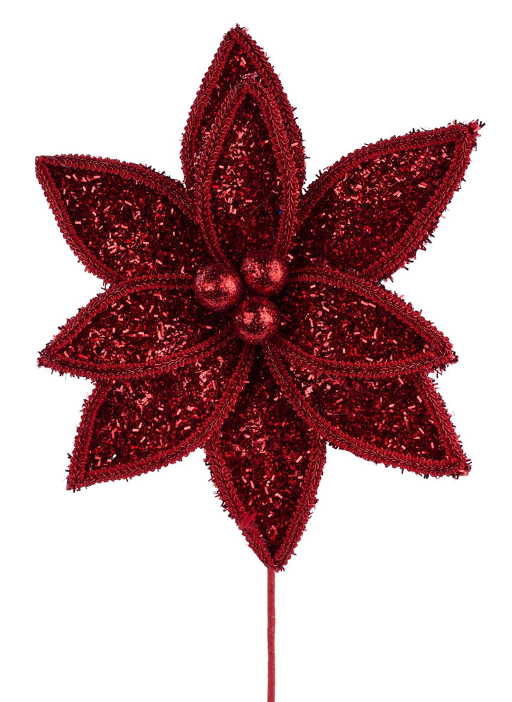 14"L V Glitter/Lace Edge Poinsettia Pick: Red | XS418224 - White Bayou Wreaths & Supply
