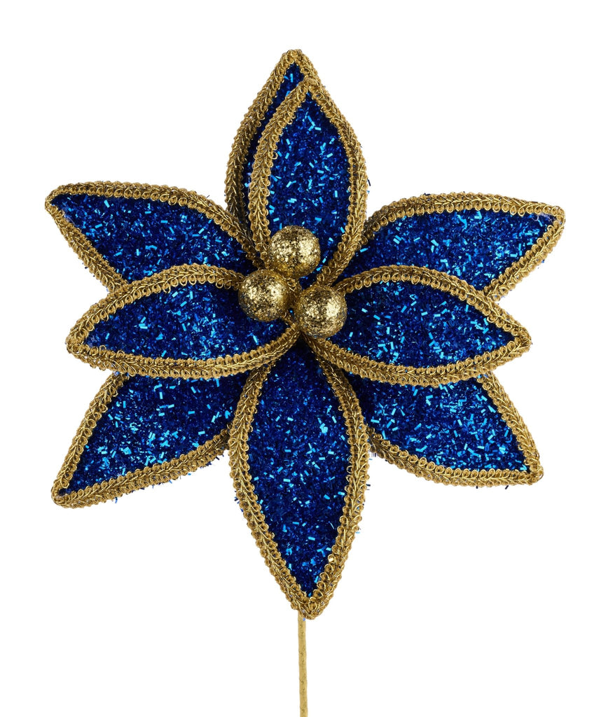 14"L V Glitter/Lace Edge Poinsettia Pick: Royal Blue, Gold | XS418225 - White Bayou Wreaths & Supply