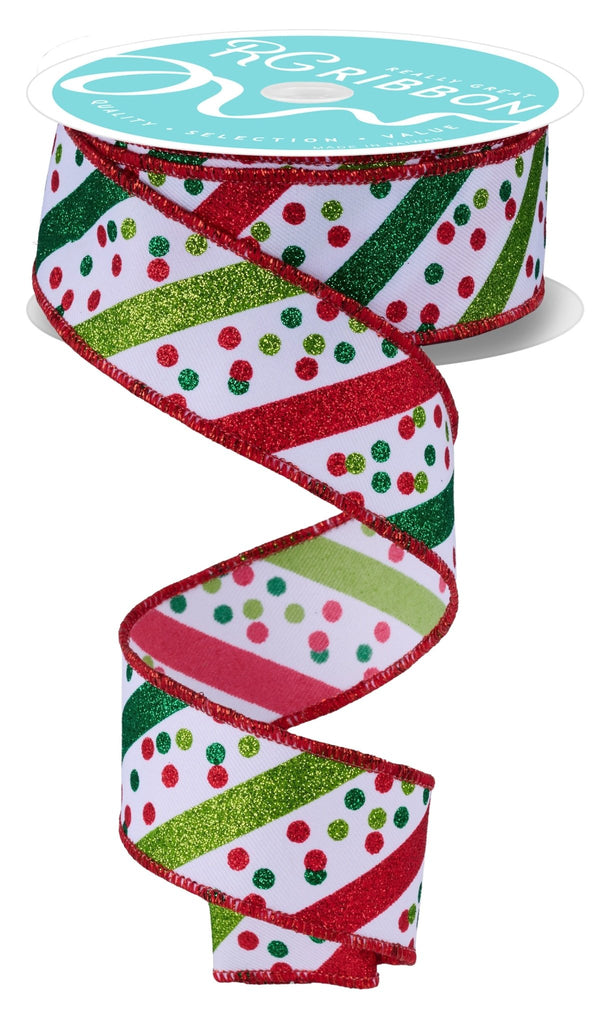 1.5" x 10yd Glitter Stripe W/Confetti Dots: White, Red, Lime, Emerald | RGF199256 - White Bayou Wreaths & Supply