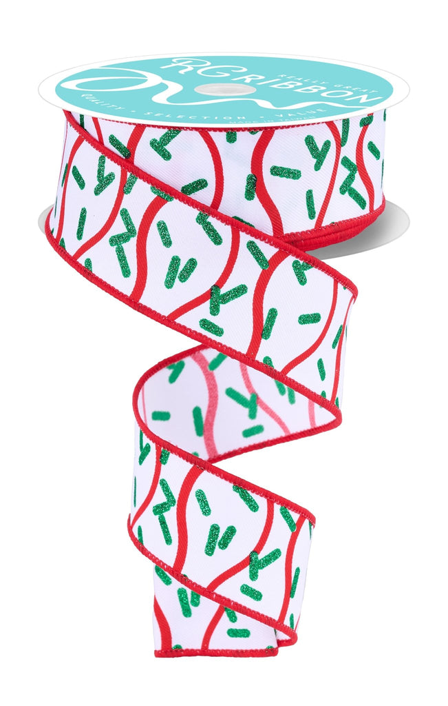 1.5" x 10yd Wavy Stripe w/Sprinkles: White, Red, Emerald | RGH101267 - White Bayou Wreaths & Supply