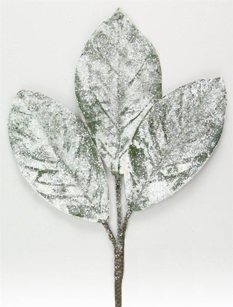 15"L Snowy Magnolia Leaf Pick: Silver, White - XX7890 - White Bayou Wreaths & Supply
