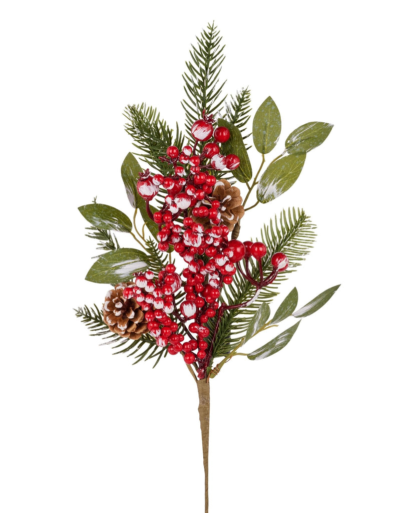 16" Berry, Pine & Pinecone Pick with Brushed Snow – Christmas Accent Stem XX8615 - White Bayou Wreaths & Supply