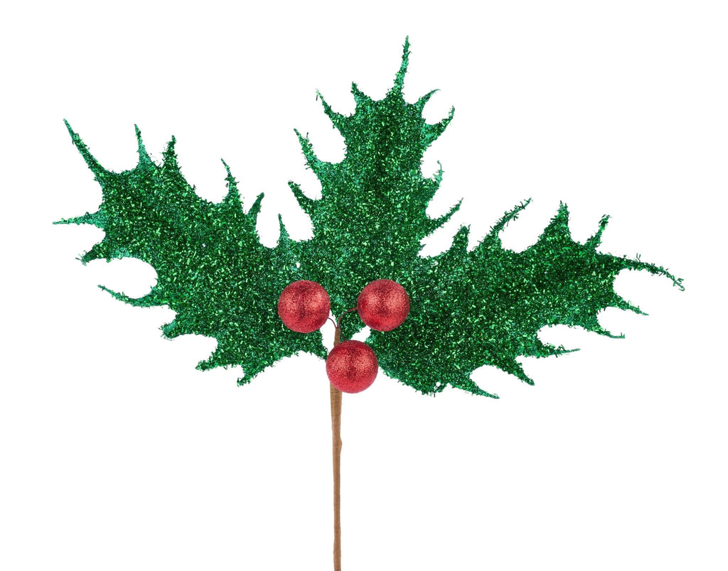 17"L V - Cut Foil Holly Leaf/Berry Pick Emerald Green/Red - XS096106 - White Bayou Wreaths & Supply