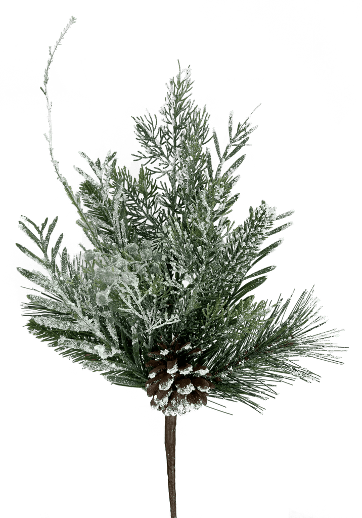 18" Bryson Pine Pick with Snow & Pinecone – Artificial Christmas Greenery (86166SP18) - White Bayou Wreaths & Supply