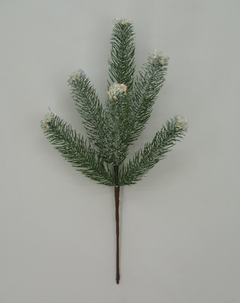 18" Pine Spray with Iridescent Glitter Tips – Christmas Greenery Pick (85193) - White Bayou Wreaths & Supply