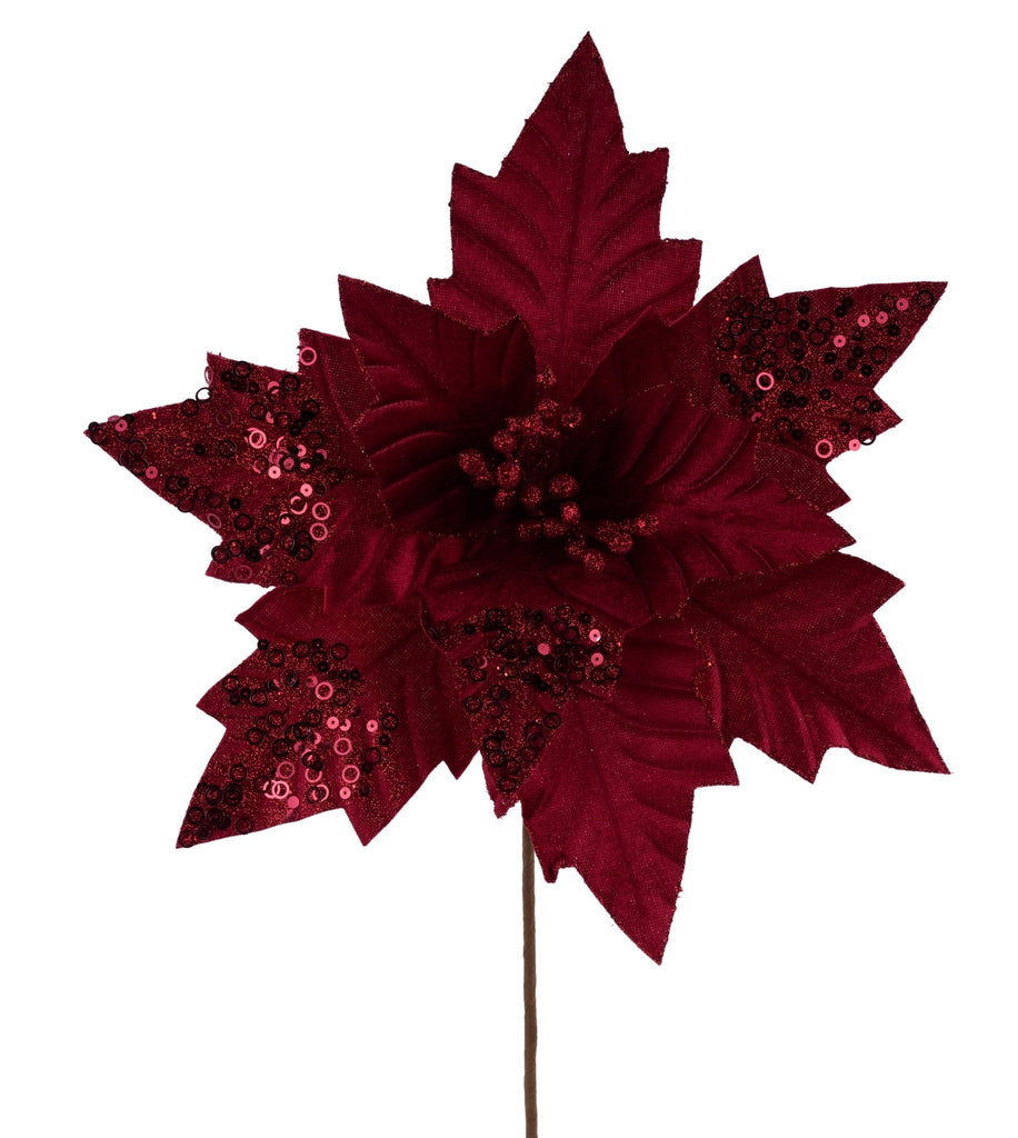 18"L x 12"Dia Velvet Poinsettia Stem: Burgundy - XS416005 - White Bayou Wreaths & Supply