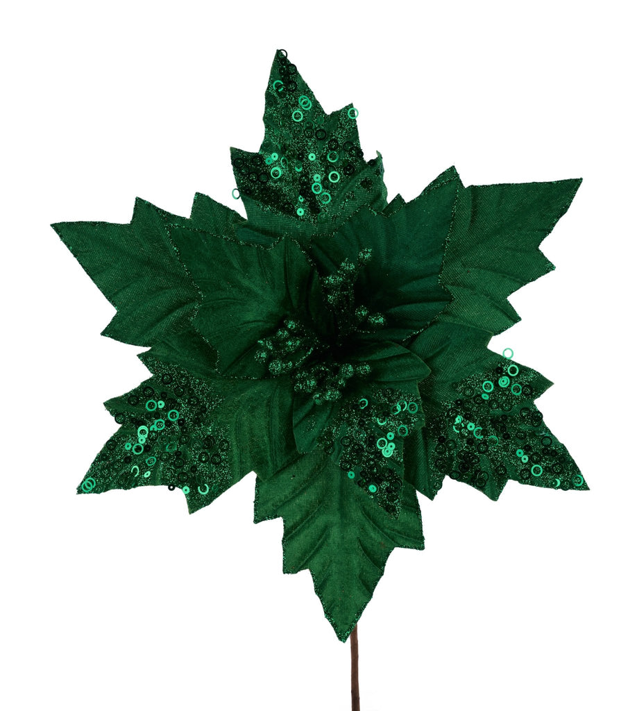 18"L x 12"Dia Velvet Poinsettia Stem: Emerald Green - XS416006 - White Bayou Wreaths & Supply