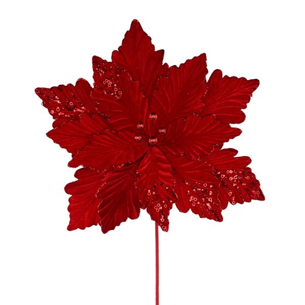 19" Dia Deluxe Velvet Poinsettia, 16"L Stem: Red - XS401024 - White Bayou Wreaths & Supply