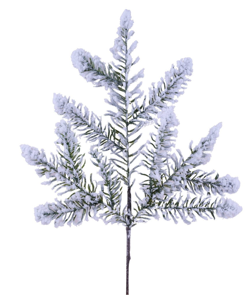 19" Flocked Noble Fir Spray – Artificial Snowy Greenery Stem - XX9664 - White Bayou Wreaths & Supply