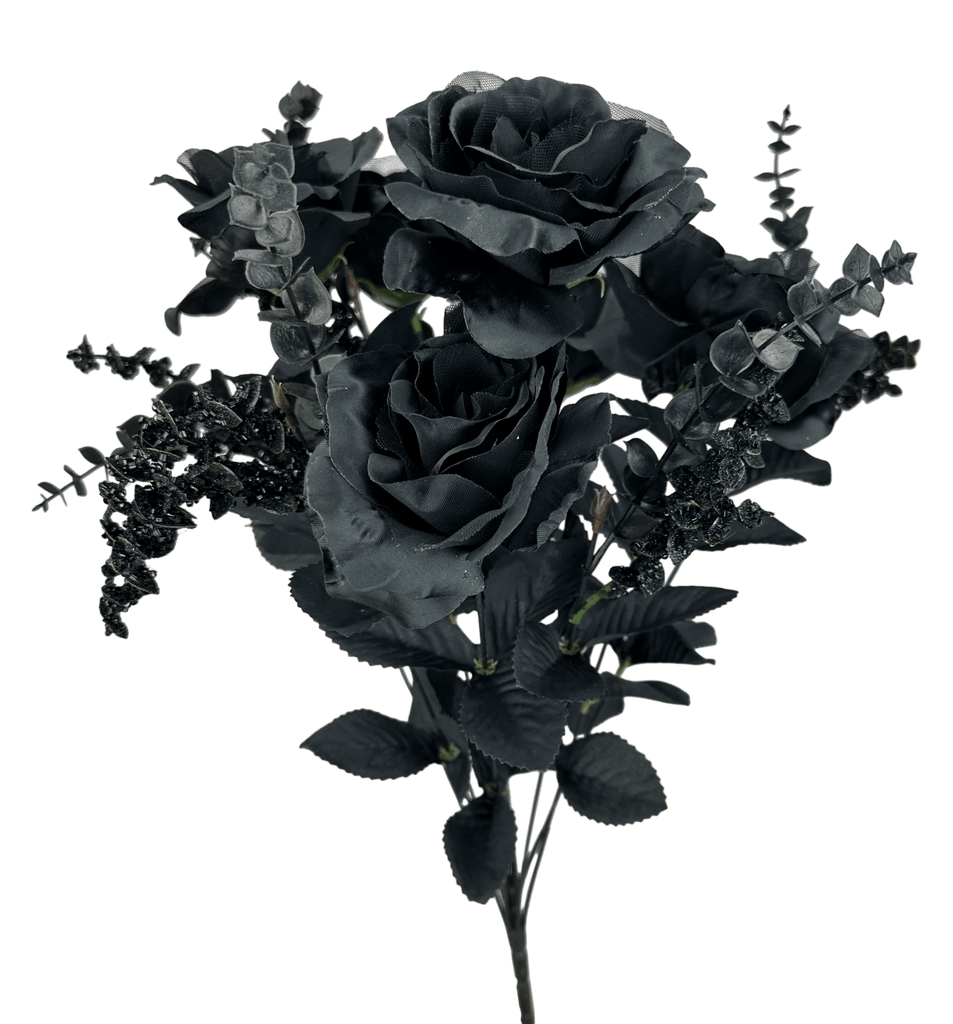 20" Black Rose & Eucalyptus Bush – Gothic Floral | 57342BK - White Bayou Wreaths & Supply
