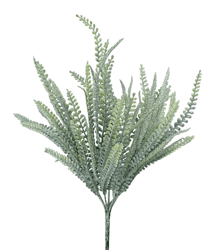 20" Iced Beaded Fern Bush – Frosted Plastic Christmas Greenery Pick (86615ICE) - White Bayou Wreaths & Supply