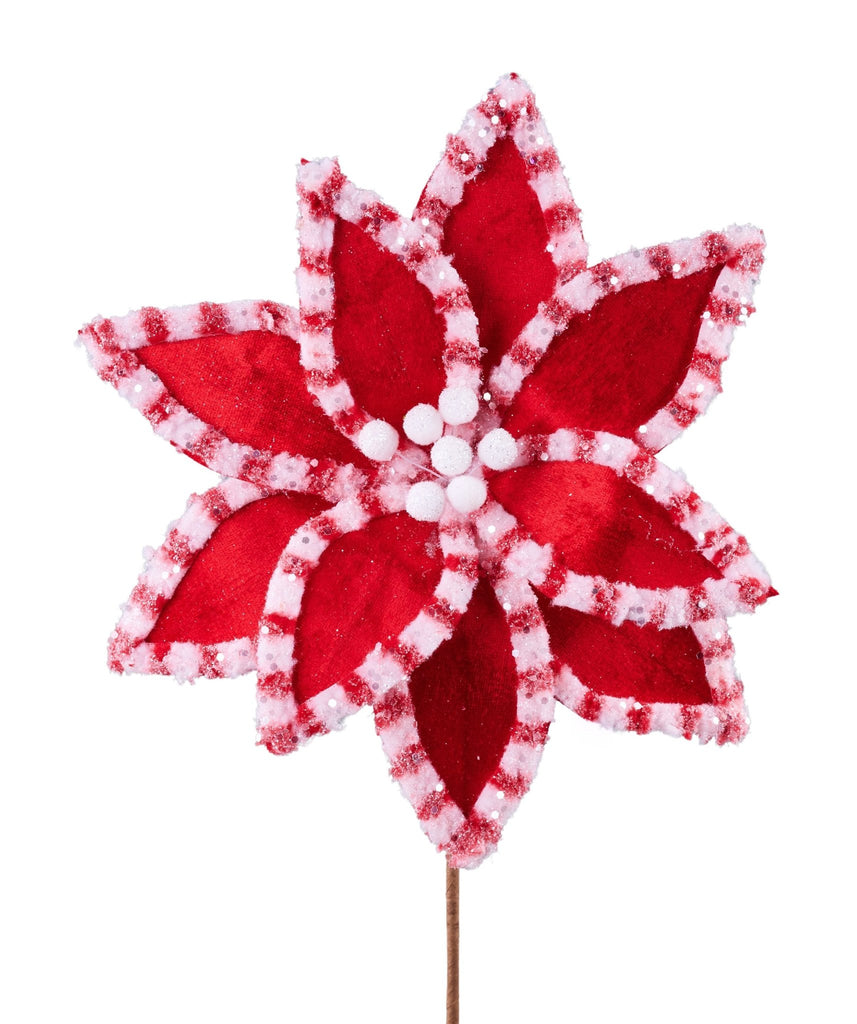 20"L Velvet/Fleece Poinsettia Stem: Red, White | XS412224 - White Bayou Wreaths & Supply