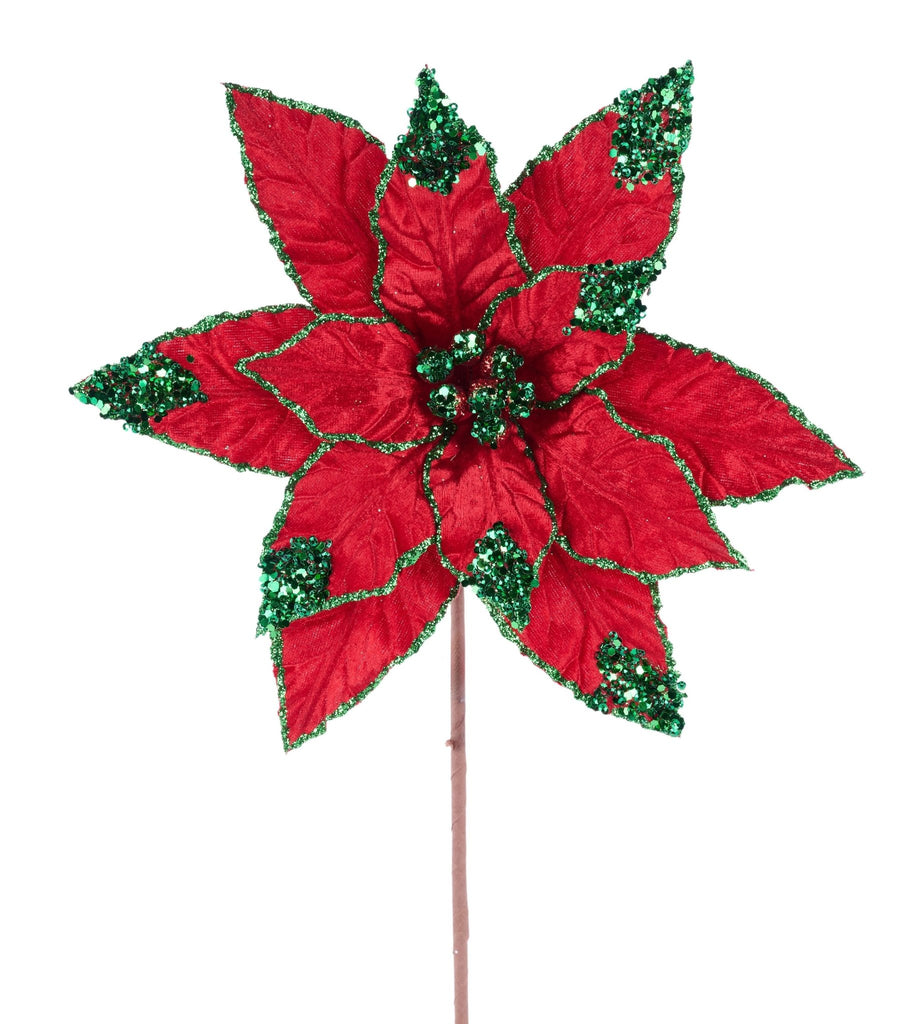 20"L Velvet/Glitter Poinsettia Stem Red/Emerald - XS413041 - White Bayou Wreaths & Supply