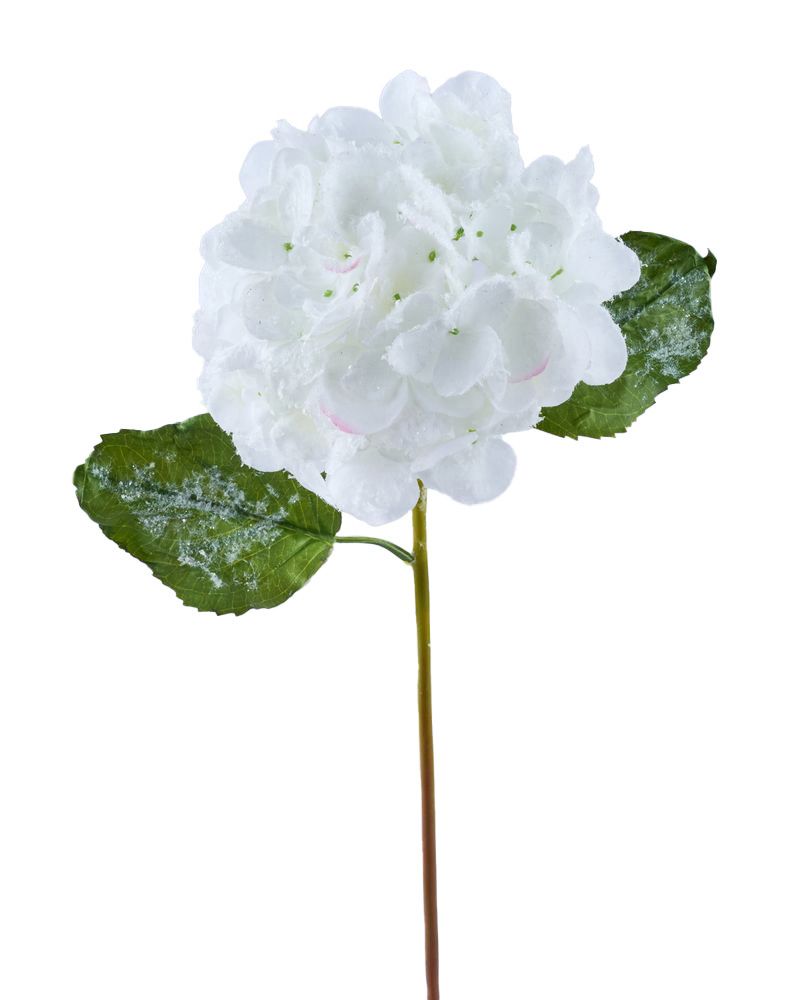 21" White Hydrangea Stem with Snow – Winter & Christmas Floral Pick | FS385927 - White Bayou Wreaths & Supply