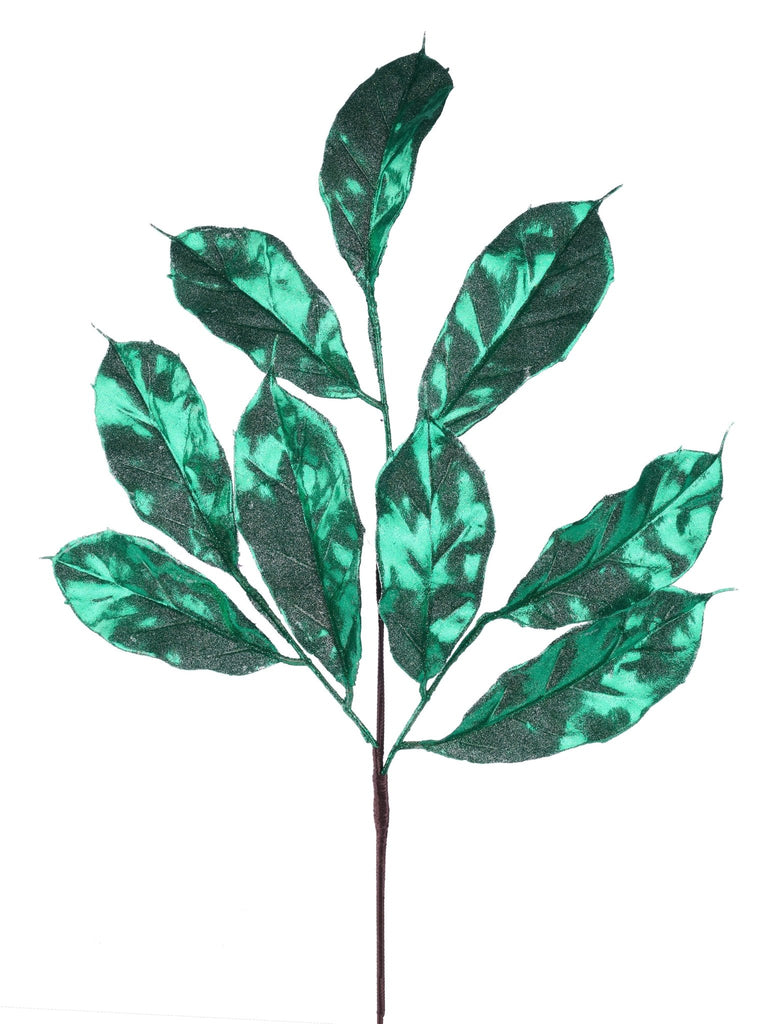 21.5"L Met/Glttr Magnolia Leaf Spray Emerald Green - XS147806 - White Bayou Wreaths & Supply