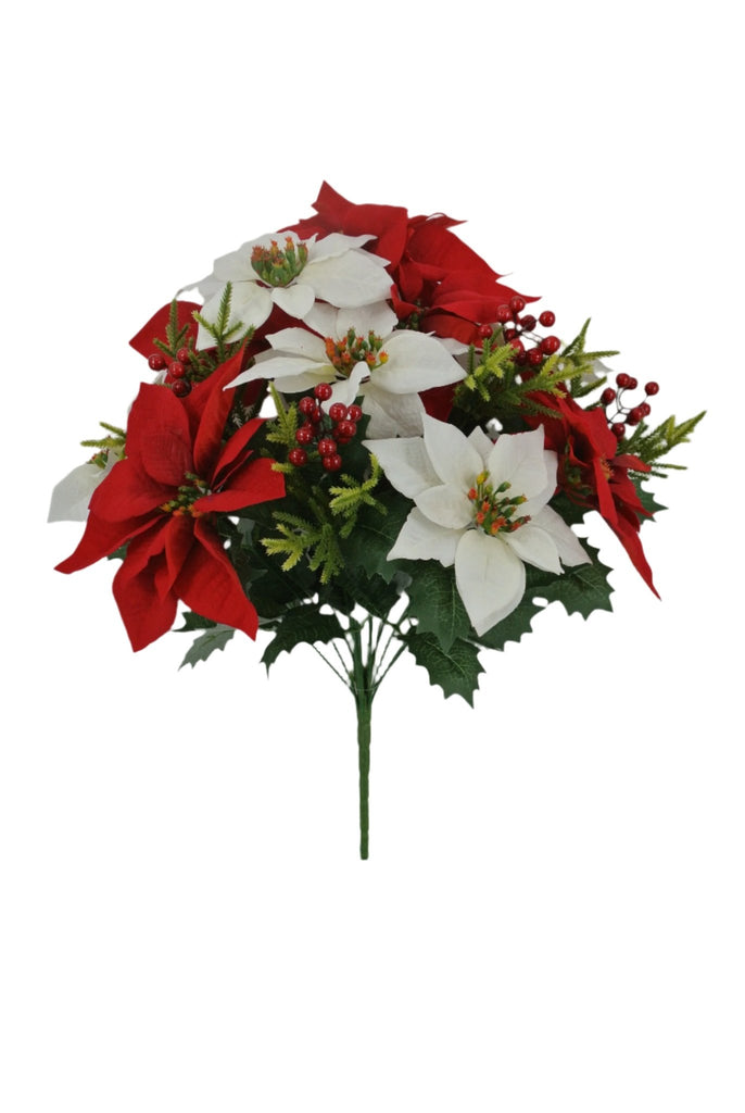22" Poinsettia Berry Pine Bush – White & Red Christmas Floral Pick (85356 - WTRD) - White Bayou Wreaths & Supply