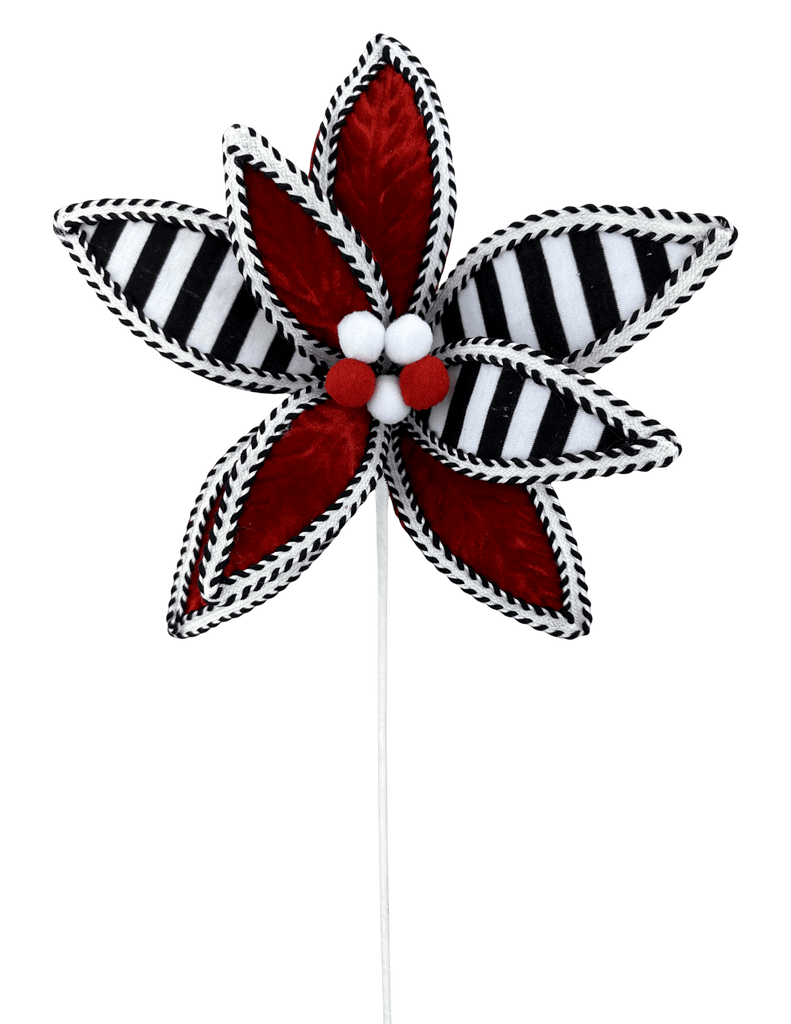 22" Red, Black & White Stripe Poinsettia Stem – Christmas Floral Pick (86280RDBKWT) - White Bayou Wreaths & Supply