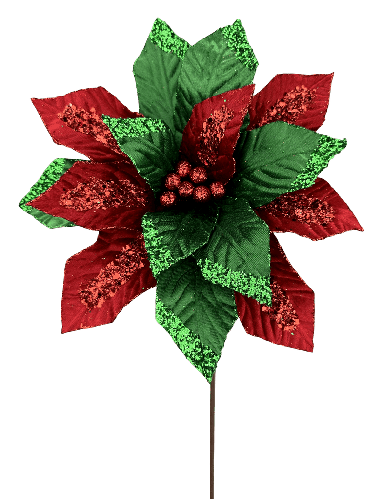 22" Red & Green Velvet Poinsettia Stem – Glitter Christmas Flower Pick (86331RDGN) - White Bayou Wreaths & Supply