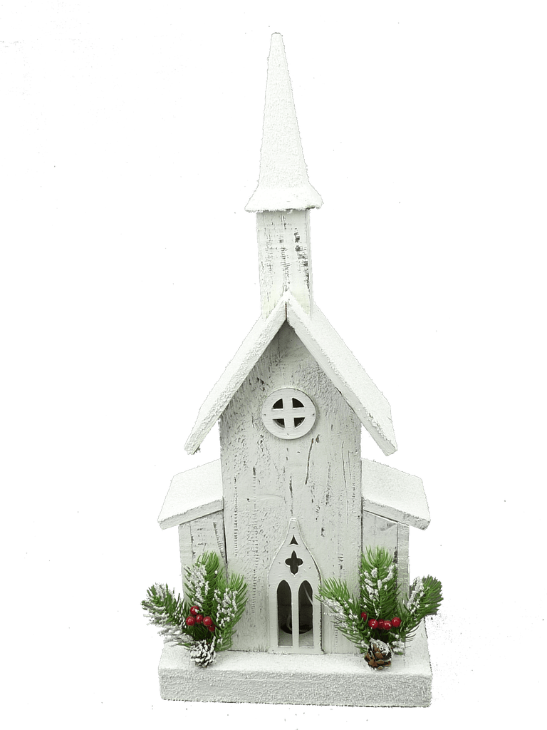 22" Rustic Wooden Church – White Farmhouse Christmas Décor w/ 5 LED Lights | 84008WT - White Bayou Wreaths & Supply