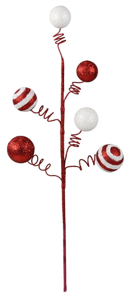 22.75" Red & White Glitter Ball Spray with Wire Curls – Christmas Tree Decoration - XS1133Y3 - White Bayou Wreaths & Supply